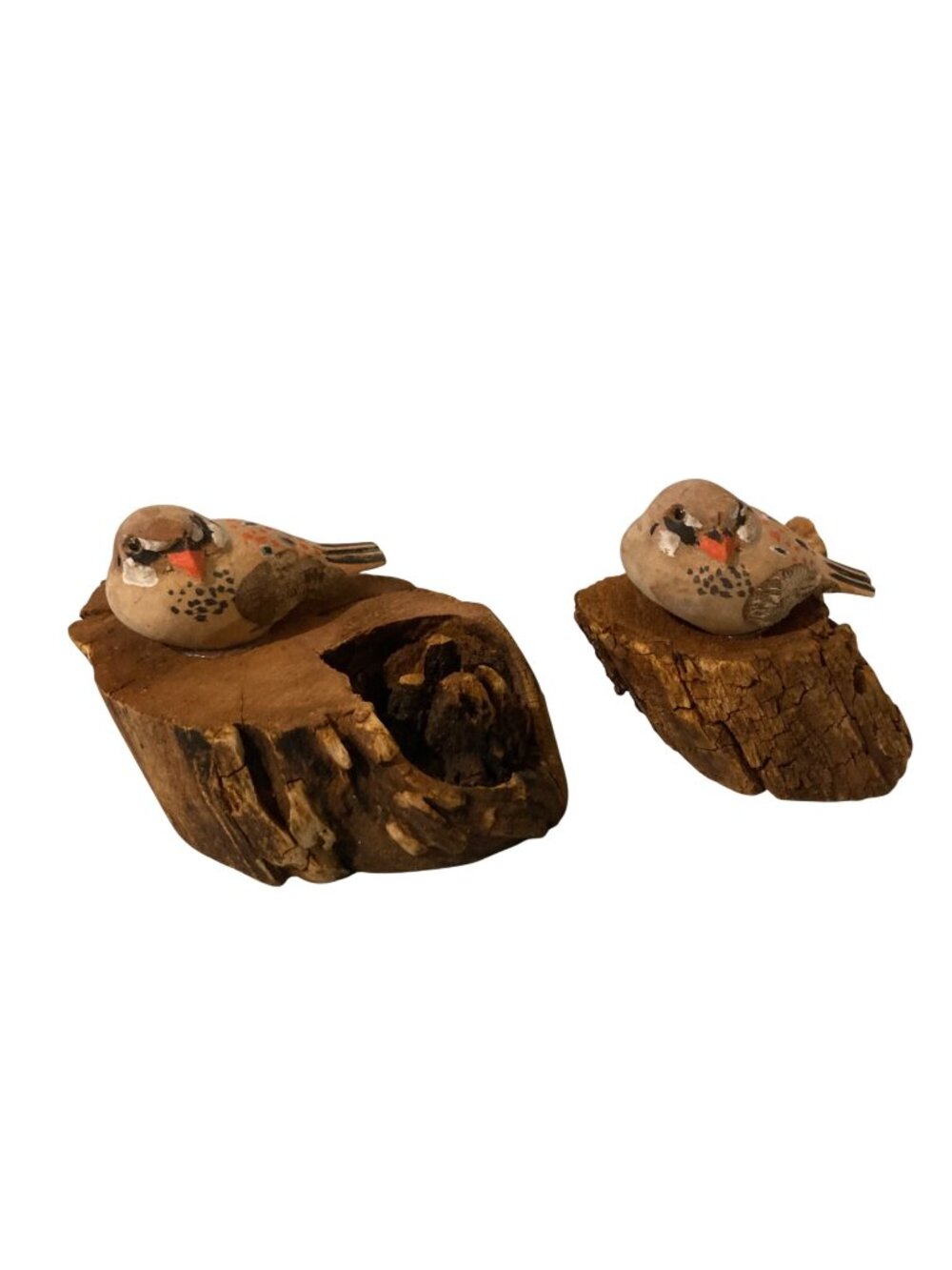 Set of 2 Vintage Hand Carved Painted Wooden Bird Figurines On Wood Bases